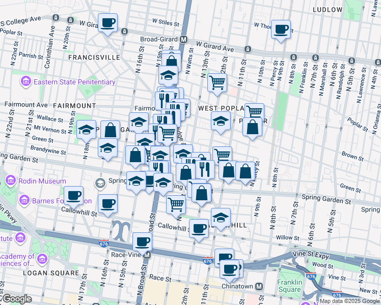 map of restaurants, bars, coffee shops, grocery stores, and more near 1315 Ridge Avenue in Philadelphia