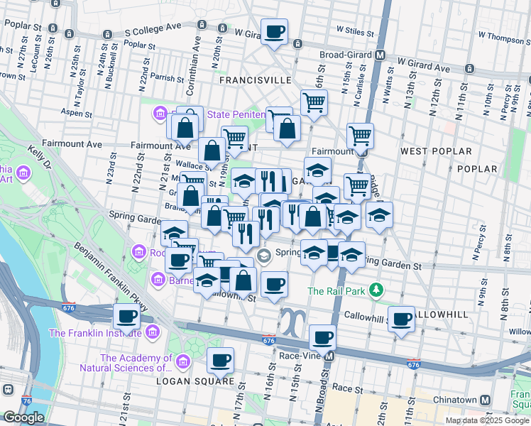 map of restaurants, bars, coffee shops, grocery stores, and more near 1705 Green Street in Philadelphia
