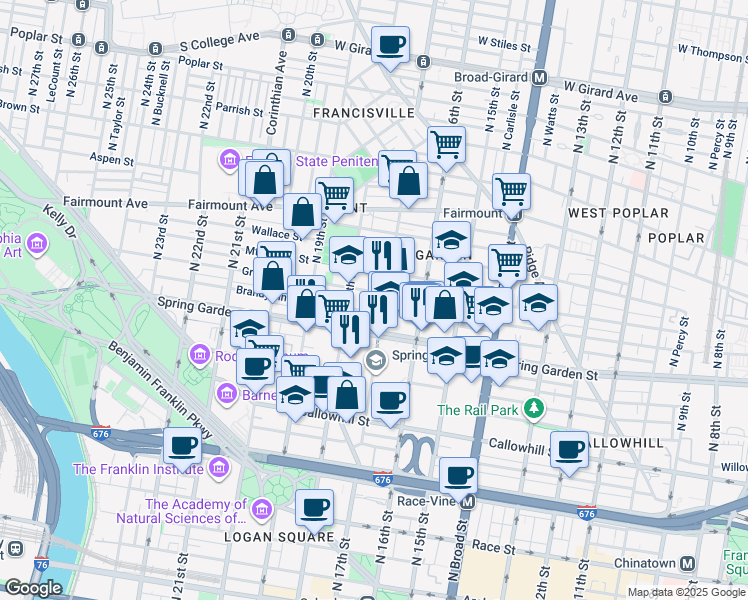 map of restaurants, bars, coffee shops, grocery stores, and more near 1705 Green Street in Philadelphia