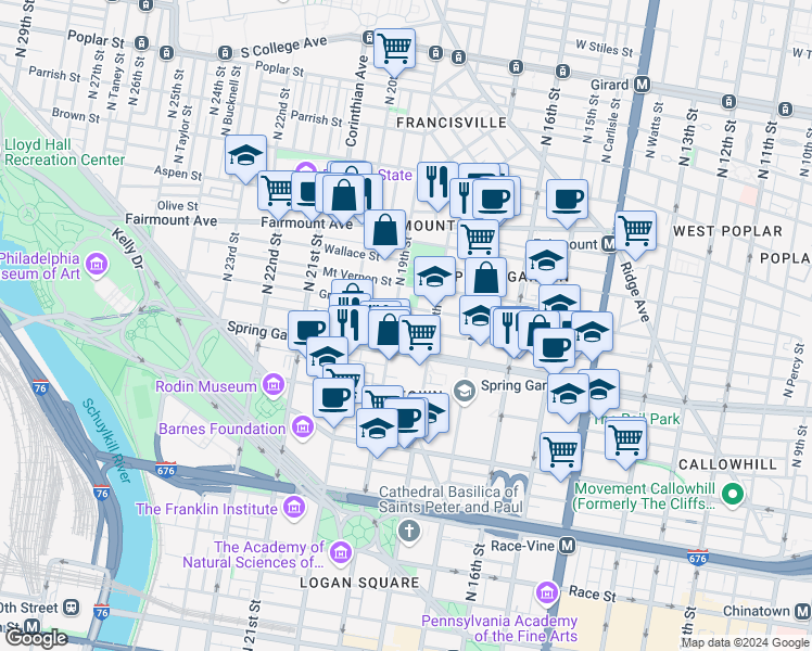 map of restaurants, bars, coffee shops, grocery stores, and more near in Philadelphia