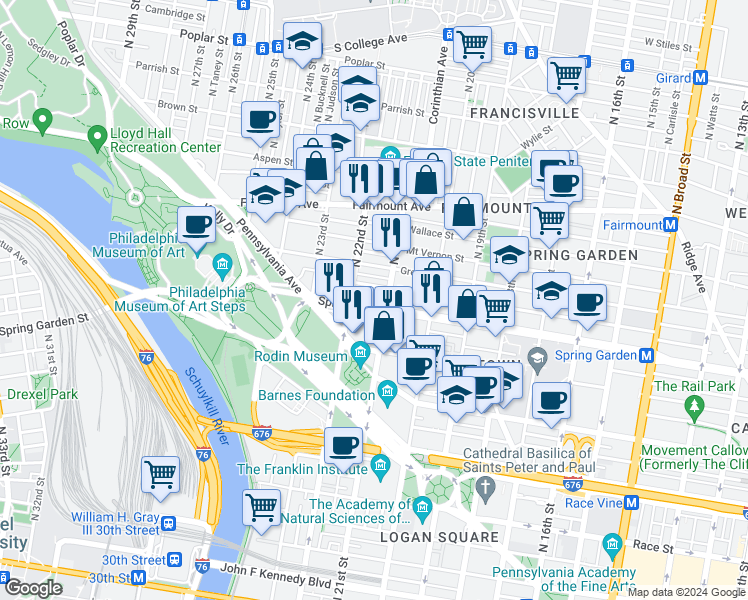 map of restaurants, bars, coffee shops, grocery stores, and more near in Philadelphia