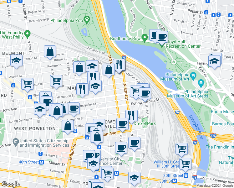 map of restaurants, bars, coffee shops, grocery stores, and more near in Philadelphia