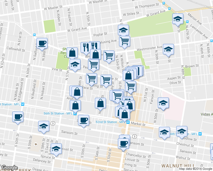 map of restaurants, bars, coffee shops, grocery stores, and more near 224 North 54th Street in Philadelphia