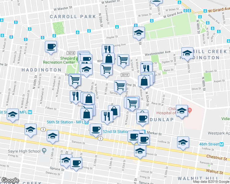 map of restaurants, bars, coffee shops, grocery stores, and more near 5458 Summer Street in Philadelphia