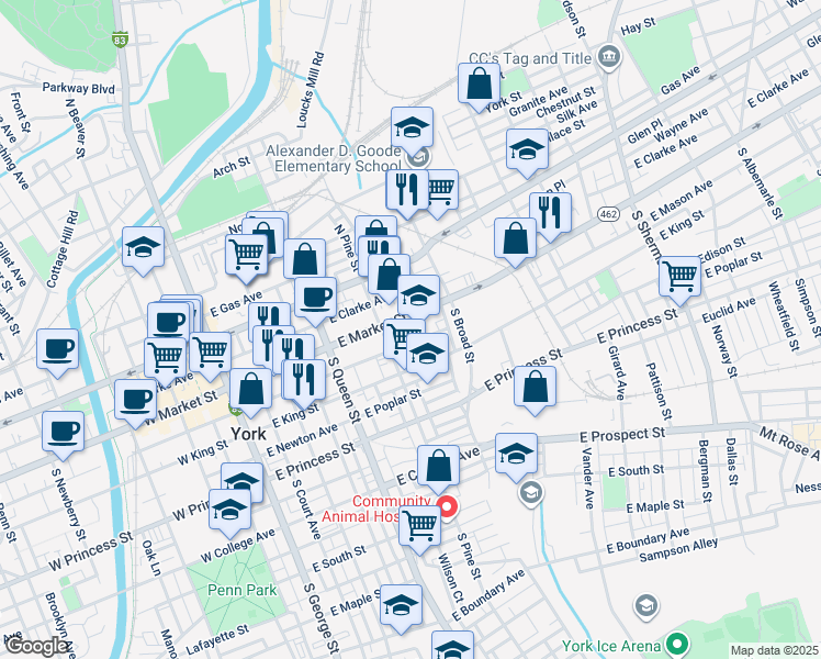 map of restaurants, bars, coffee shops, grocery stores, and more near 327 Reinecke Place in York