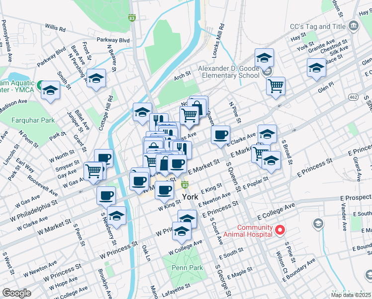 map of restaurants, bars, coffee shops, grocery stores, and more near 15 East Philadelphia Street in York