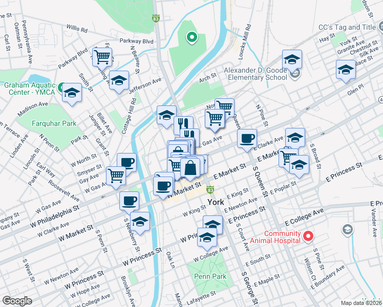 map of restaurants, bars, coffee shops, grocery stores, and more near 132 North George Street in York