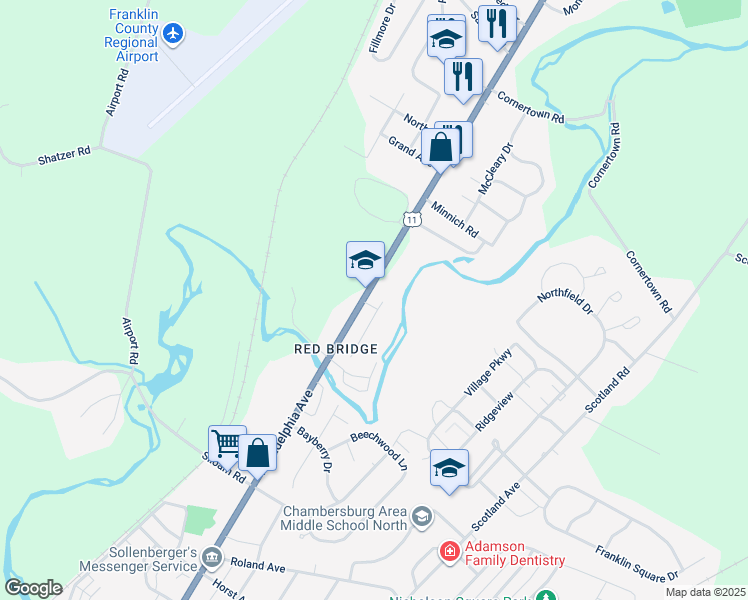 map of restaurants, bars, coffee shops, grocery stores, and more near 2106 Philadelphia Avenue in Chambersburg