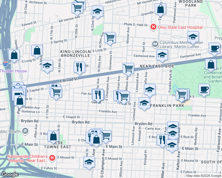 map of restaurants, bars, coffee shops, grocery stores, and more near 1223 Madison Avenue in Columbus