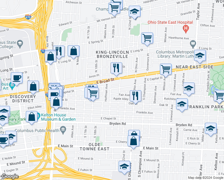 map of restaurants, bars, coffee shops, grocery stores, and more near 995 East Broad Street in Columbus