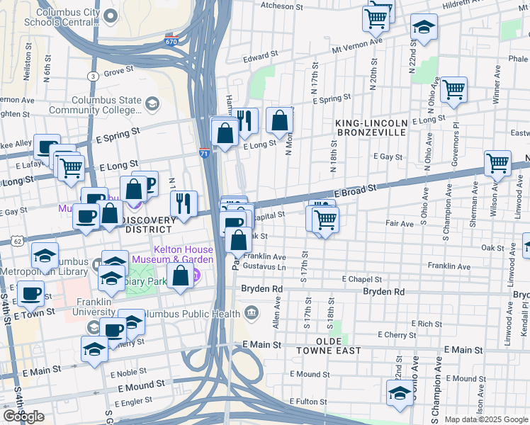 map of restaurants, bars, coffee shops, grocery stores, and more near 775 East Broad Street in Columbus