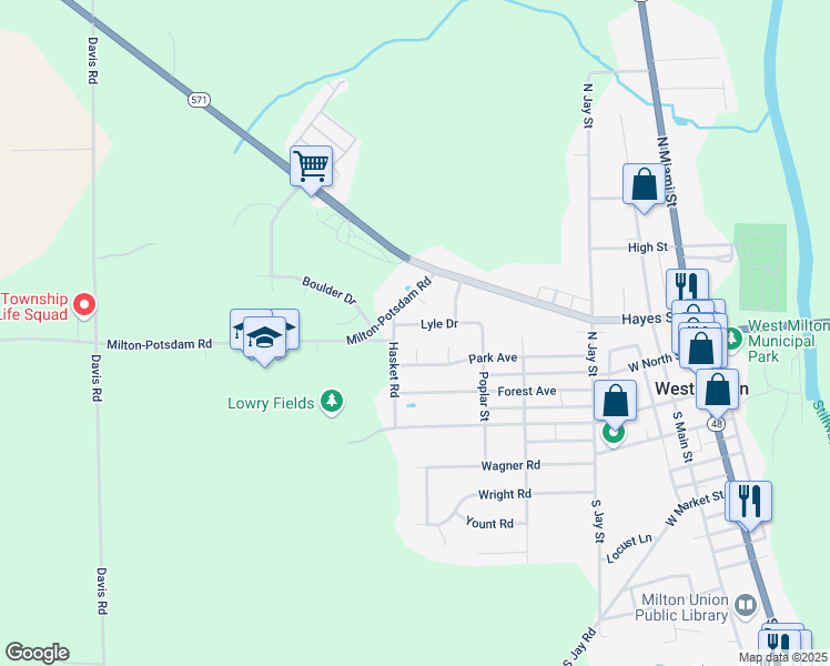 map of restaurants, bars, coffee shops, grocery stores, and more near 486 Lyle Drive in West Milton