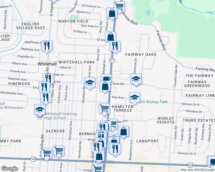 map of restaurants, bars, coffee shops, grocery stores, and more near 555 S Hamilton Rd in Columbus