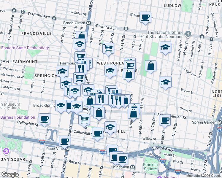 map of restaurants, bars, coffee shops, grocery stores, and more near 1106 Wallace Street in Philadelphia