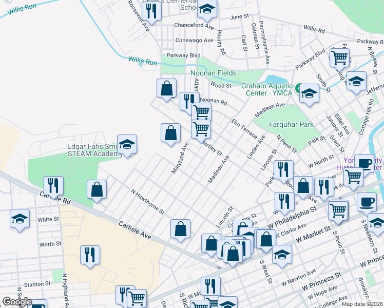 map of restaurants, bars, coffee shops, grocery stores, and more near 737 Manchester Street in York