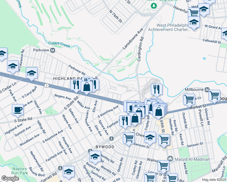 map of restaurants, bars, coffee shops, grocery stores, and more near 7200 Merion Terrace in Upper Darby