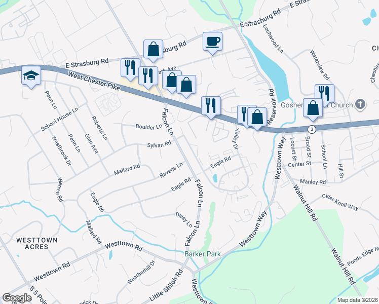 map of restaurants, bars, coffee shops, grocery stores, and more near 3224 Valley Drive in West Chester