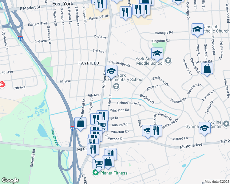 map of restaurants, bars, coffee shops, grocery stores, and more near 701 Erlen Drive in East York