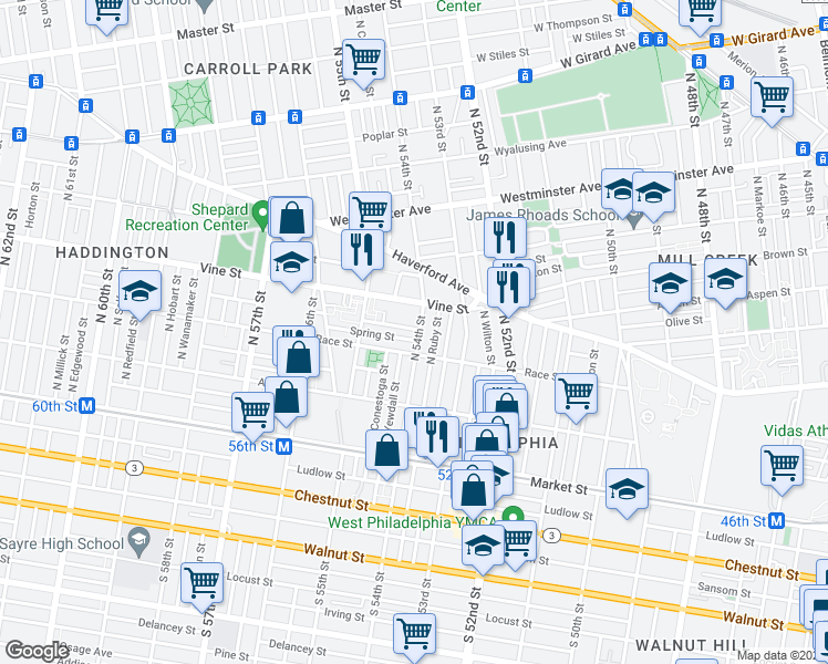 map of restaurants, bars, coffee shops, grocery stores, and more near 222 North 54th Street in Philadelphia