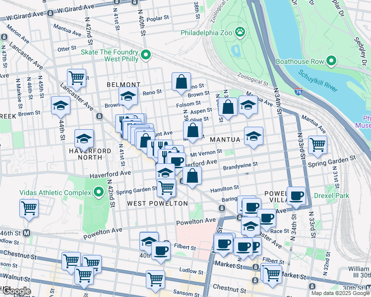 map of restaurants, bars, coffee shops, grocery stores, and more near 3906 Wallace Street in Philadelphia