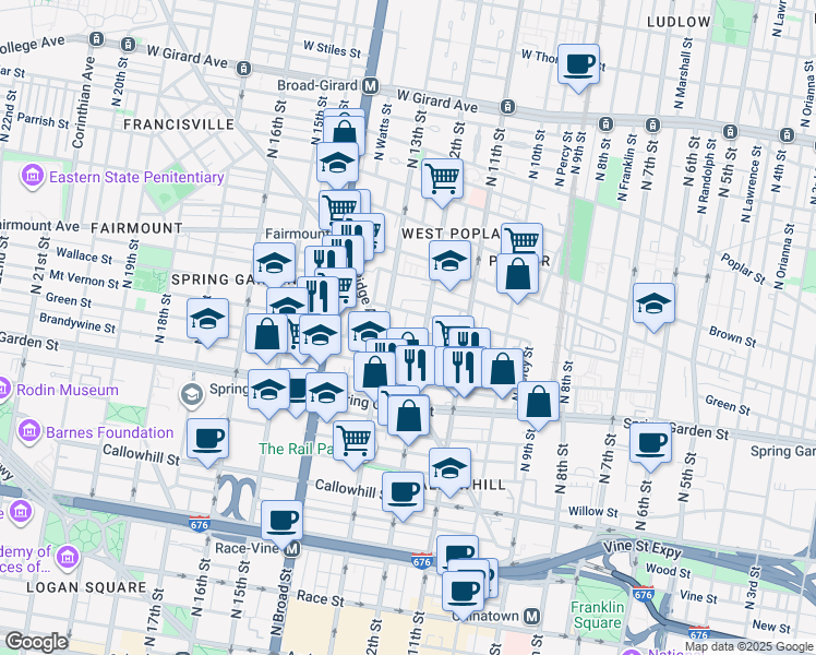 map of restaurants, bars, coffee shops, grocery stores, and more near 627 North Camac Street in Philadelphia
