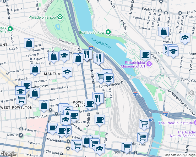 map of restaurants, bars, coffee shops, grocery stores, and more near 3206 Haverford Avenue in Philadelphia