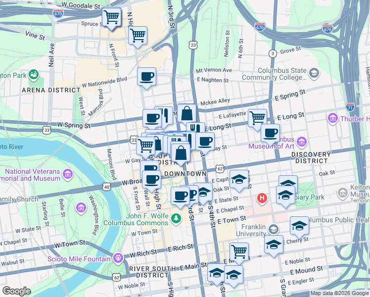 map of restaurants, bars, coffee shops, grocery stores, and more near 112 East Gay Street in Columbus