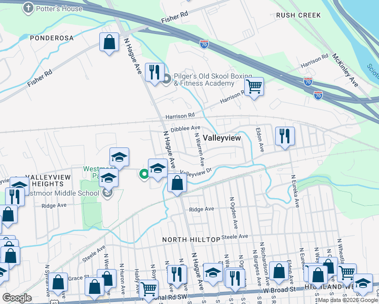 map of restaurants, bars, coffee shops, grocery stores, and more near 467 North Warren Avenue in Columbus