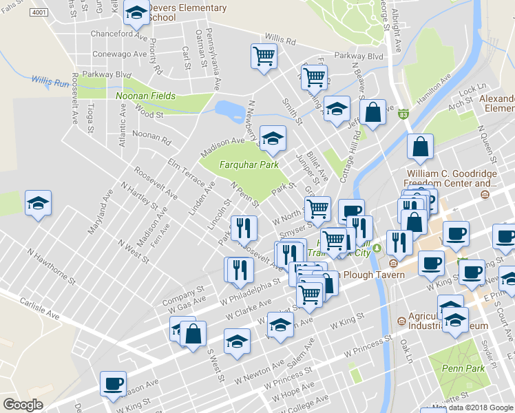 map of restaurants, bars, coffee shops, grocery stores, and more near 320 North Penn Street in York