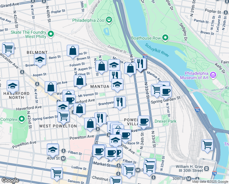 map of restaurants, bars, coffee shops, grocery stores, and more near 612 North 36th Street in Philadelphia