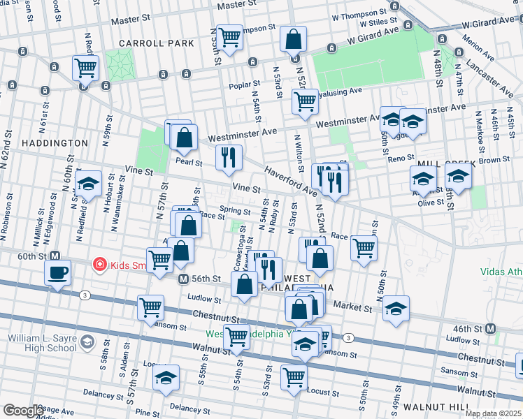 map of restaurants, bars, coffee shops, grocery stores, and more near 222 North 54th Street in Philadelphia