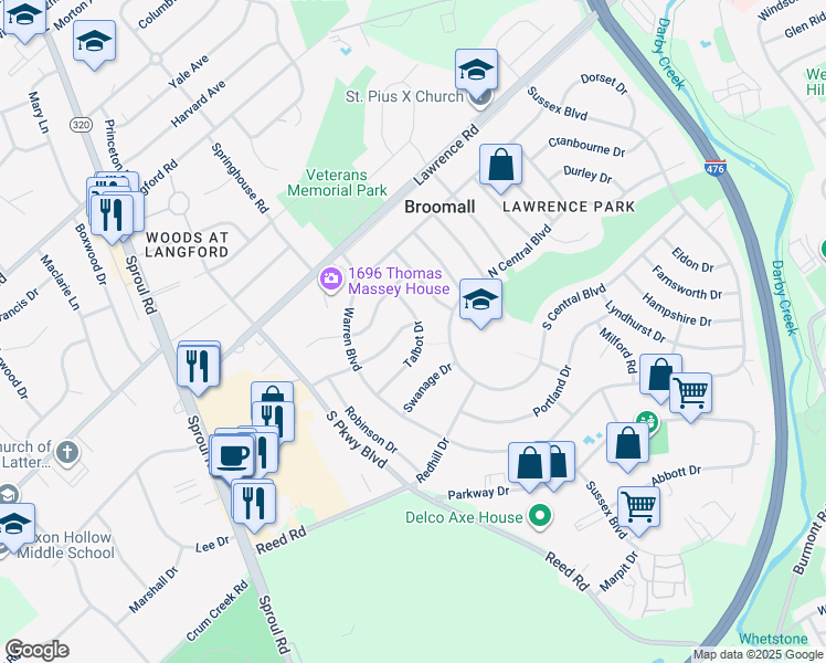 map of restaurants, bars, coffee shops, grocery stores, and more near 226 Talbot Drive in Broomall
