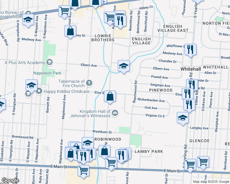 map of restaurants, bars, coffee shops, grocery stores, and more near 3850 Etna Street in Columbus