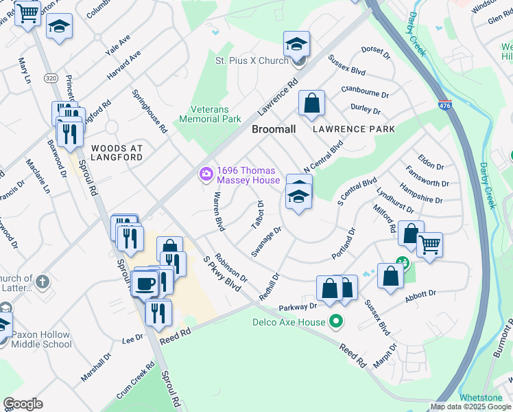 map of restaurants, bars, coffee shops, grocery stores, and more near 226 Talbot Drive in Broomall