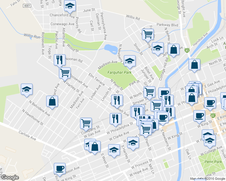 map of restaurants, bars, coffee shops, grocery stores, and more near 438 Lincoln Street in York