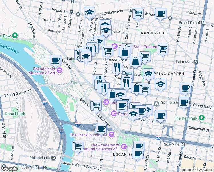 map of restaurants, bars, coffee shops, grocery stores, and more near 2128 Brandywine Street in Philadelphia