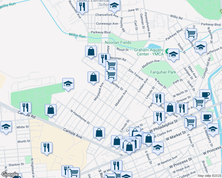 map of restaurants, bars, coffee shops, grocery stores, and more near 505 Pennsylvania Avenue in York