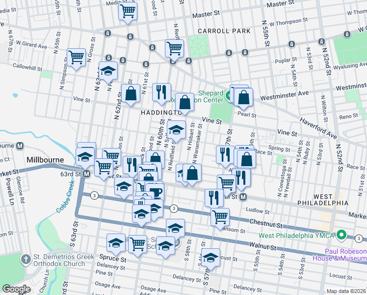 map of restaurants, bars, coffee shops, grocery stores, and more near 5900 Race Street in Philadelphia