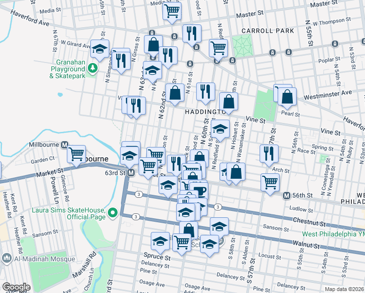 map of restaurants, bars, coffee shops, grocery stores, and more near 134 North Millick Street in Philadelphia