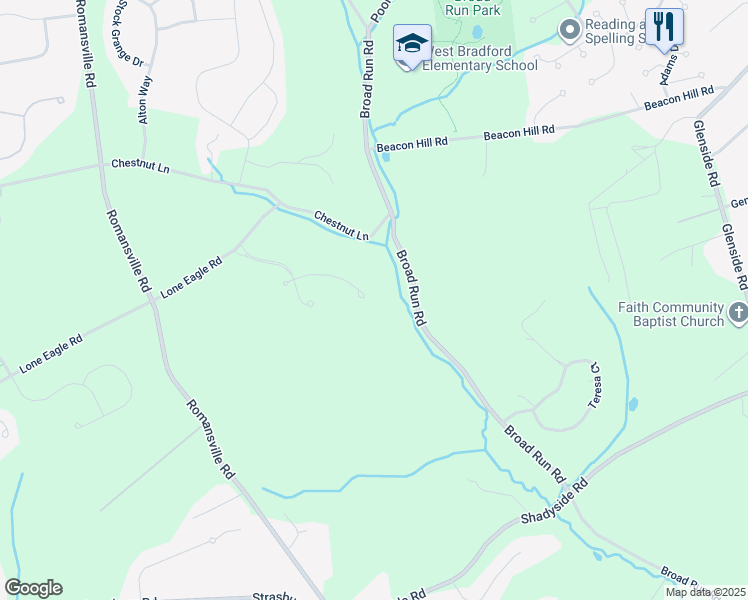 map of restaurants, bars, coffee shops, grocery stores, and more near 1855 Honeysuckle Court in Downingtown