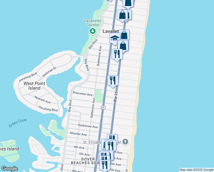 map of restaurants, bars, coffee shops, grocery stores, and more near 110 New Jersey Avenue in Lavallette