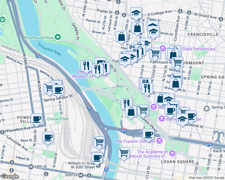 map of restaurants, bars, coffee shops, grocery stores, and more near Spring Garden Street in Philadelphia
