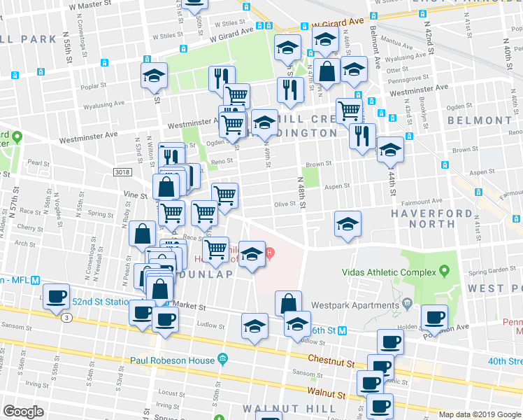 map of restaurants, bars, coffee shops, grocery stores, and more near 4922 Olive Street in Philadelphia