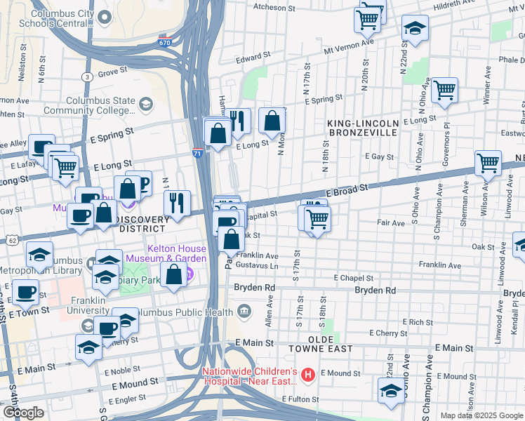 map of restaurants, bars, coffee shops, grocery stores, and more near 785 East Broad Street in Columbus