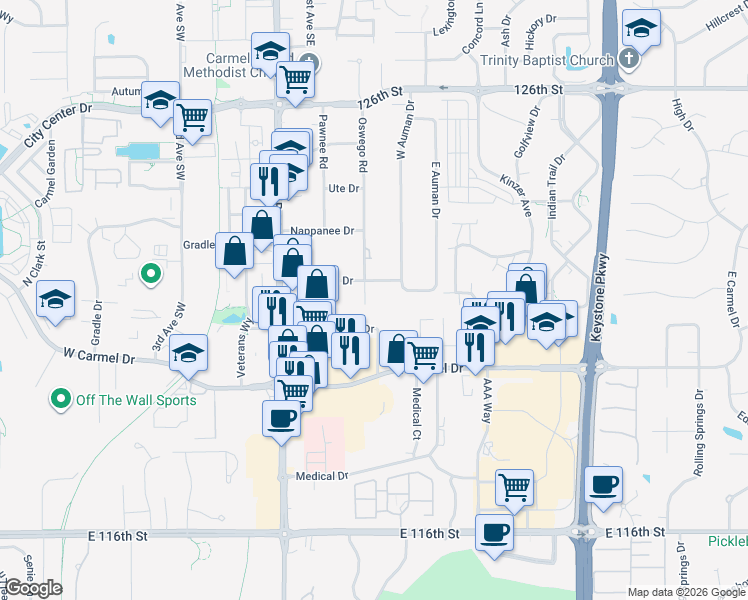 map of restaurants, bars, coffee shops, grocery stores, and more near 215 Shoshone Drive in Carmel