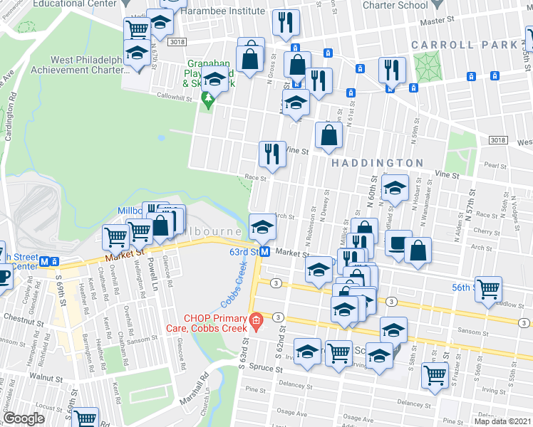 map of restaurants, bars, coffee shops, grocery stores, and more near 11254 Arch Street in Philadelphia