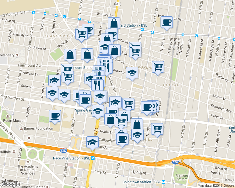 map of restaurants, bars, coffee shops, grocery stores, and more near 1301 Ridge Avenue in Philadelphia