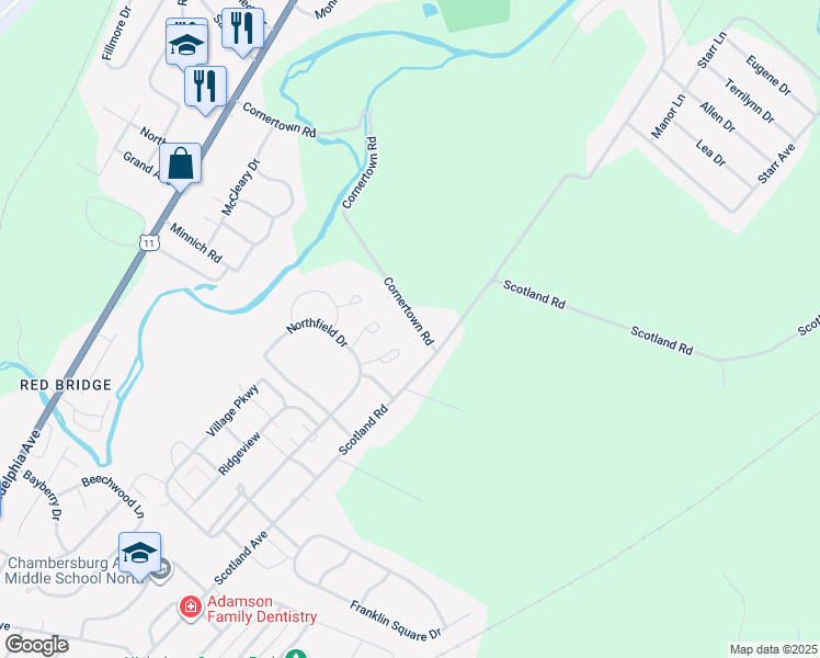 map of restaurants, bars, coffee shops, grocery stores, and more near 330 Cornertown Road in Chambersburg
