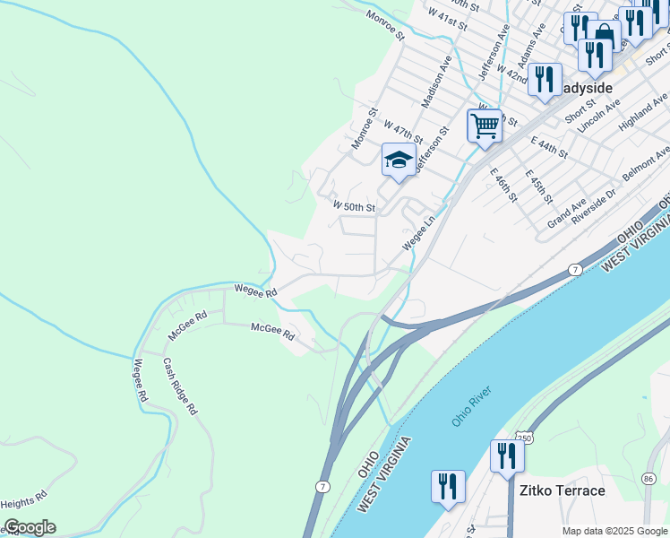 map of restaurants, bars, coffee shops, grocery stores, and more near 56941 Wegee Road in Shadyside