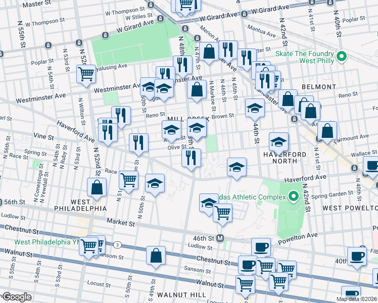 map of restaurants, bars, coffee shops, grocery stores, and more near 4725 Fairmount Avenue in Philadelphia